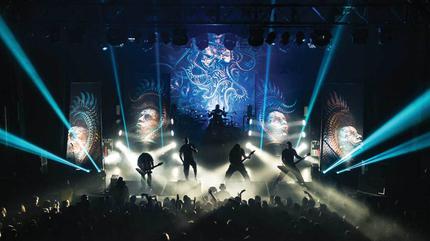 Promotional photograph of La banda de metal Meshuggah en concierto.