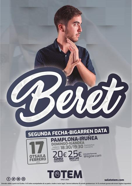 Beret estará actuando el 17 de Febrero Domingo en la Sala Totem de Pamplona