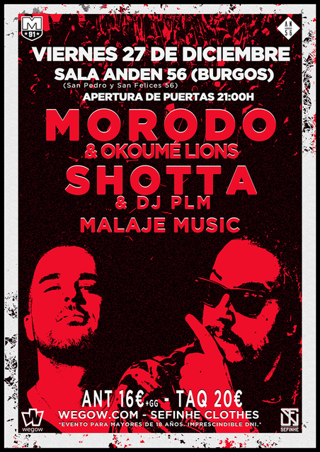 Cartel del concierto de Morodo & Okoumé Lions, Shotta & Dj PLM y Malaje Music en Burgos