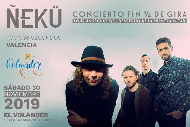 El sábado 30 de noviembre daremos por cerrada la primera mitad de gira y lo haremos en casa. En la sala el Volander de Valencia. Un Showcase electroacústico para el que enviaremos un mail a todos los que compréis una entrada para preguntaros qué tres canciones no pueden faltar y así confeccionar todos juntos el devenir de la actuación.
Las puertas abrirán a las 21:45 y el concierto arrancará puntualmente a las 22:05. Durante una hora y media despediremos la primera mitad de tour que nos ha visto subirnos al escenario en más de medio centenar de ocasiones desde que nuestro queridísimo "36 Segundos" vio la luz un maravilloso 16 de febrero.
Al terminar el concierto lo celebraremos con los presentes, brindaremos y comentaremos la jugada de todo lo bueno que nos está sucediendo.
Por nuestra parte, pararemos las máquinas y descansaremos de carreteras durante unos pocos meses en los que trabajaremos en secreto para algo que, sin duda, si estás leyendo esto, será una de las primeras alegrías para nuestro particular e intenso 2020.