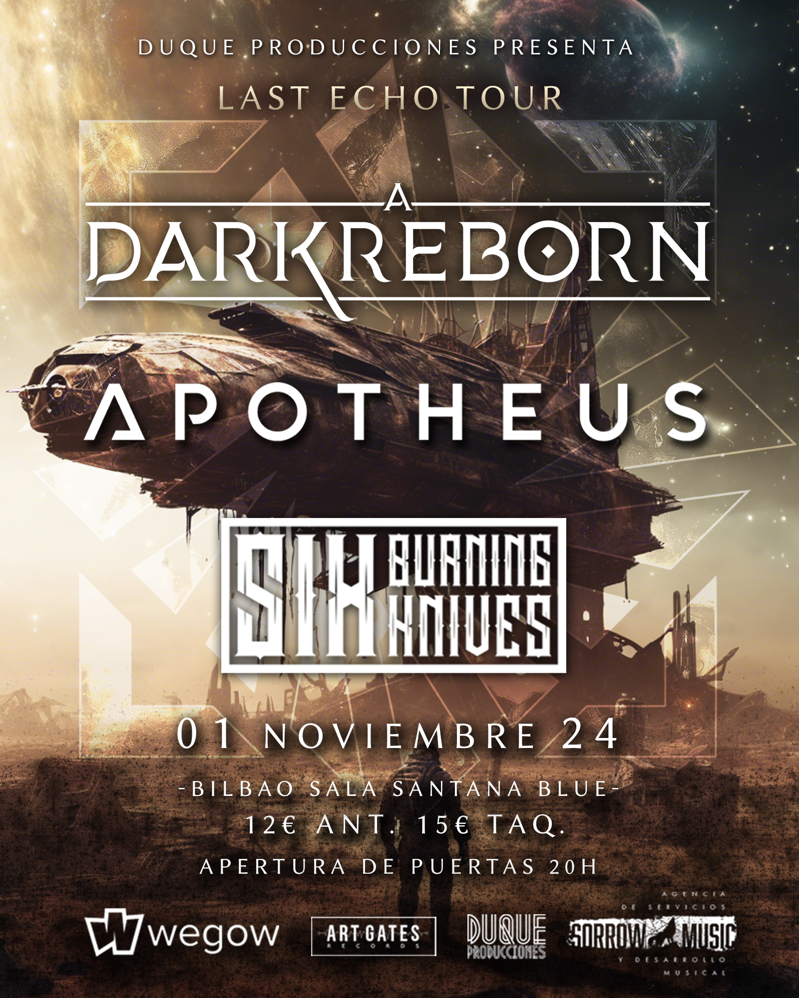 Fotografía promocional de A Dark Reborn en Bilbao Junto a Apotheus y Six Burning Knives