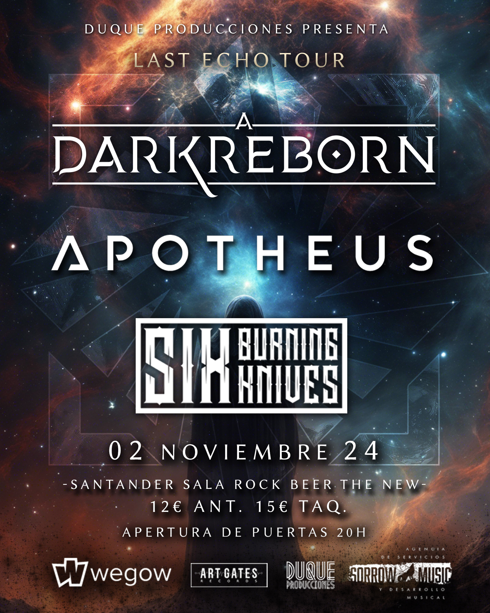 Fotografía promocional de A Dark Reborn en Santander junto a Apotheus y Six Burning Knives