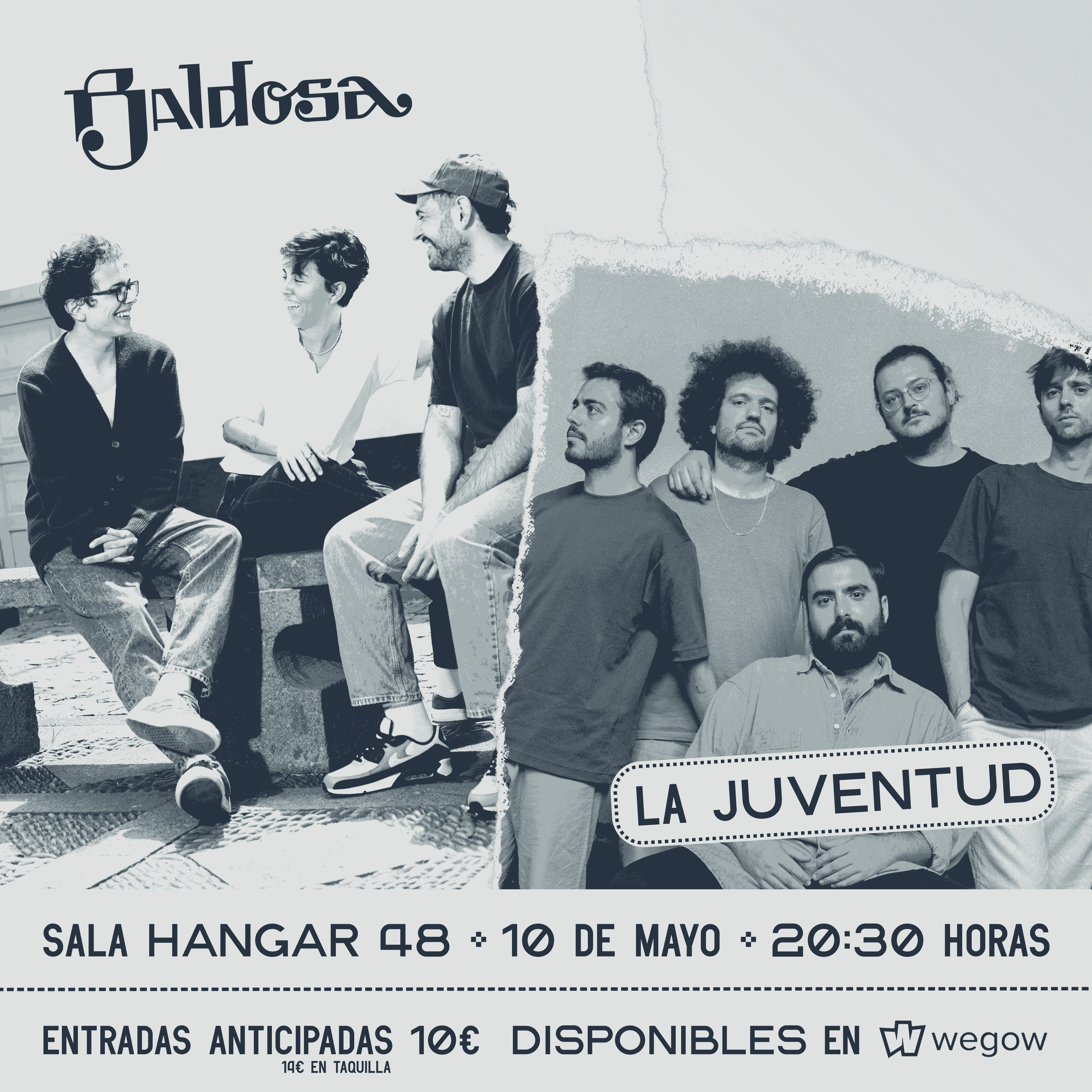 Fotografía promocional de Concierto Baldosa y la Juventud el 10 de mayo en la sala Hangar 48