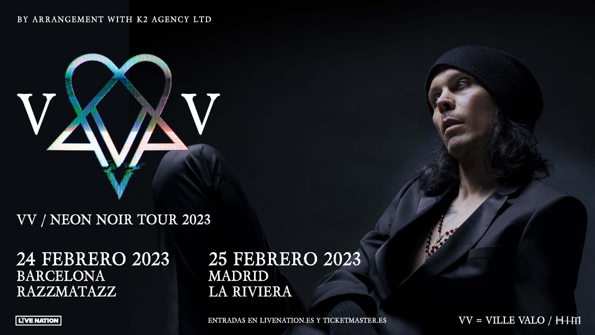 Promotional photograph of Concierto de Ville Valo en Madrid | Neon Noir Tour 2023.