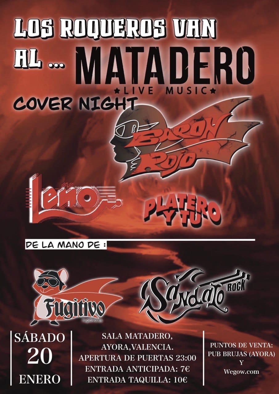 Promotional photograph of Concierto Sándalo (Tributo Leño y Platero y tu) y Fugitivos (Tributo Barón Rojo) en Sala Matadero (Ayora).