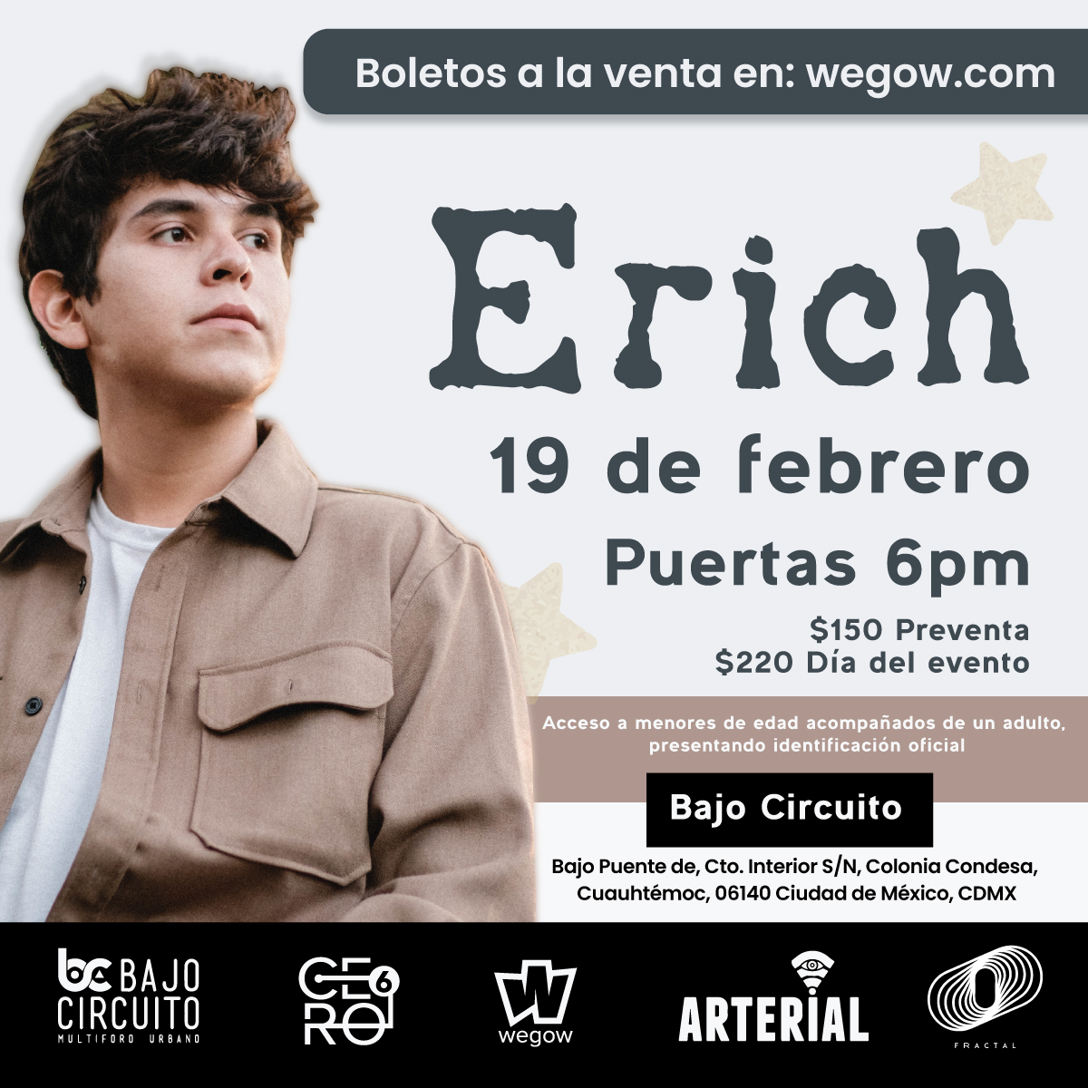 Promotional photograph of Erich en Bajo Circuito.