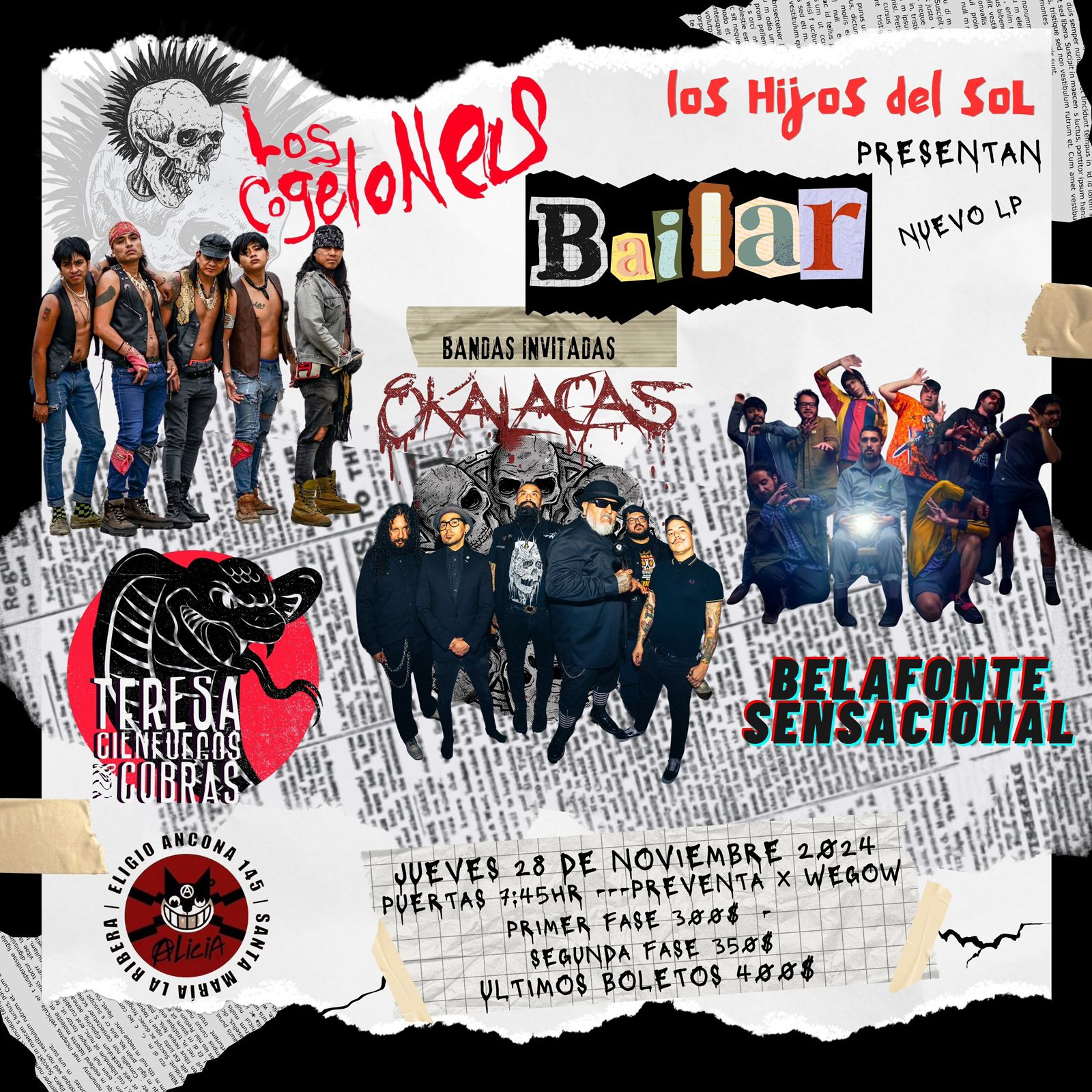Fotografía promocional de Los Cogelones, 8 Kalacas, Belafonte Sensacional y Teresa Cienfuegos. En la Presentación de su nuevo disco de “Los Hijos del Sol Bailar”