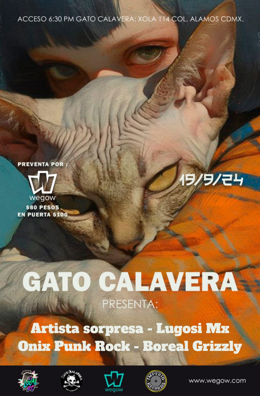 Fotografía promocional de LUGOSI MX, ONIX PUNK ROCK Y BOREAL GRIZZLY EN GATO CALAVERA