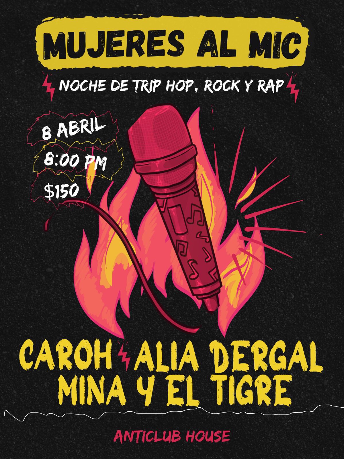 Fotografía promocional de Mujeres al mic: Caroh, Alia Dergal, Mina y el Tigre