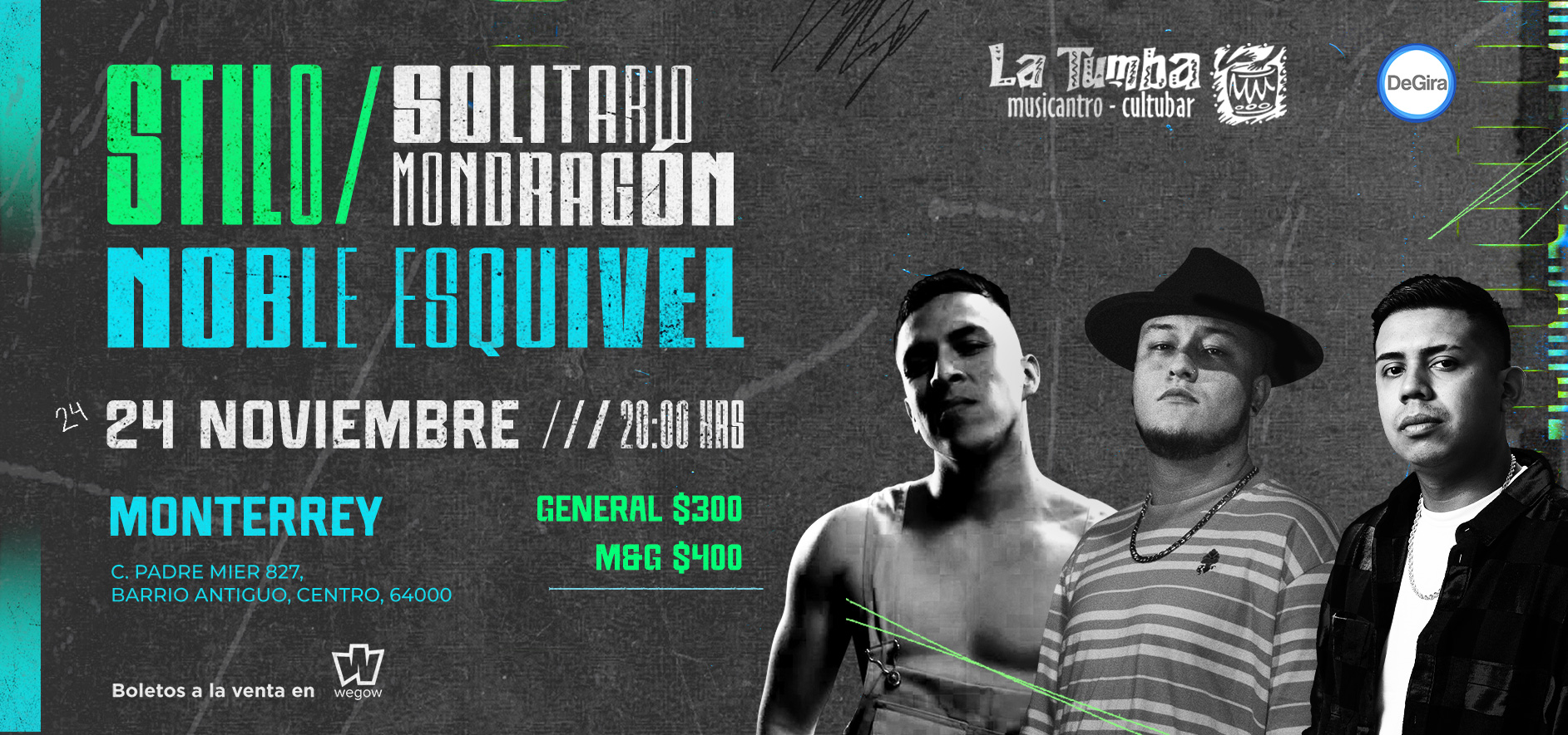 Fotografía promocional de Noble Esquivel, Stilo y Solitario Mondragón en Monterrey