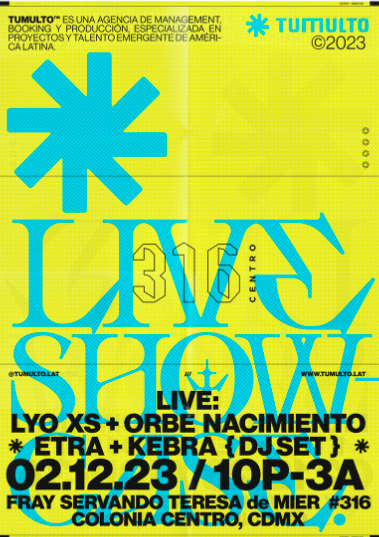 Fotografía promocional de Posada Tumulto : Orbe Nacimiento (live), Etra (live), Lyo (live), Kebra (dj set)