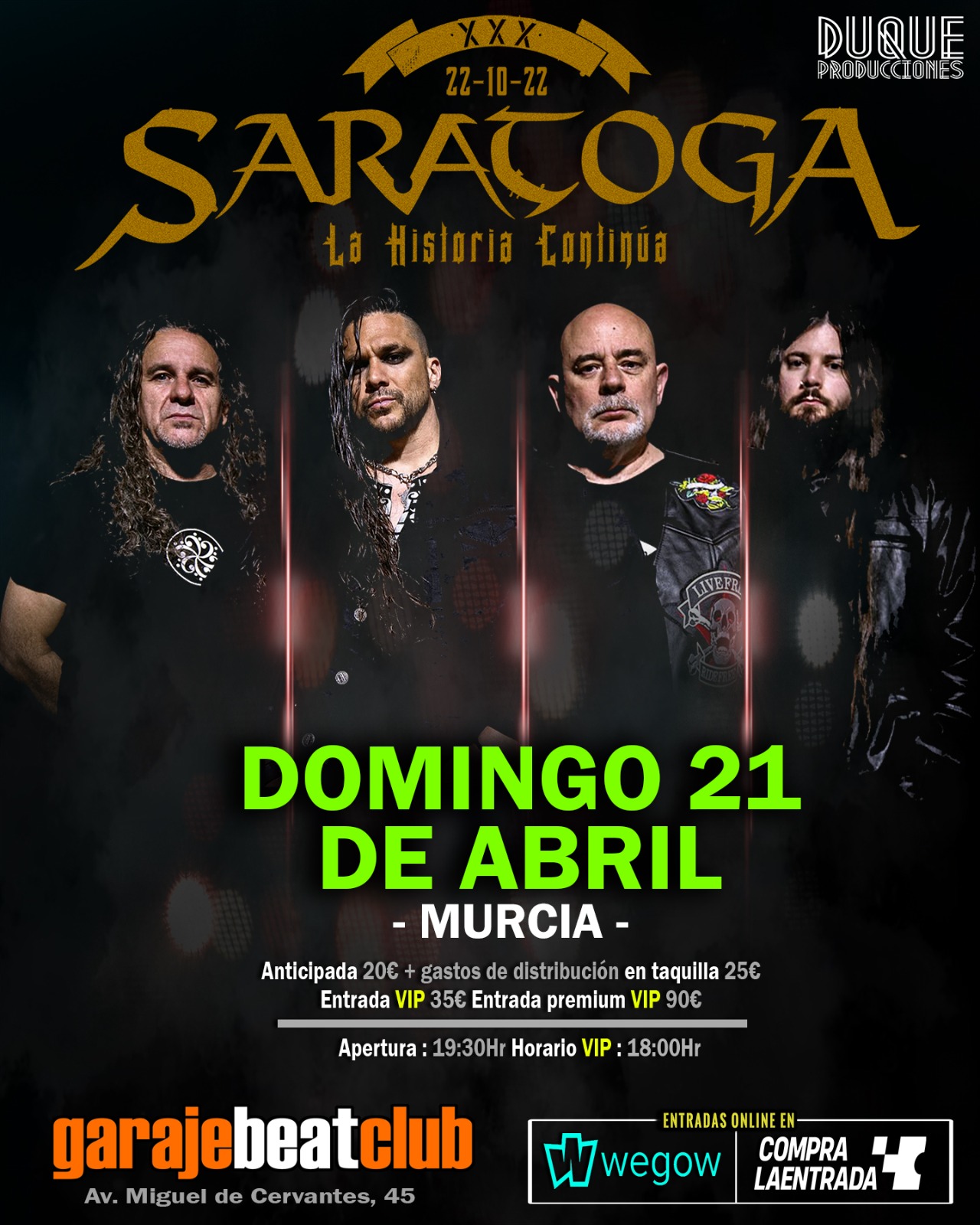 Fotografía promocional de Saratoga en Murcia - XXX Aniversario "La Historia Continúa"