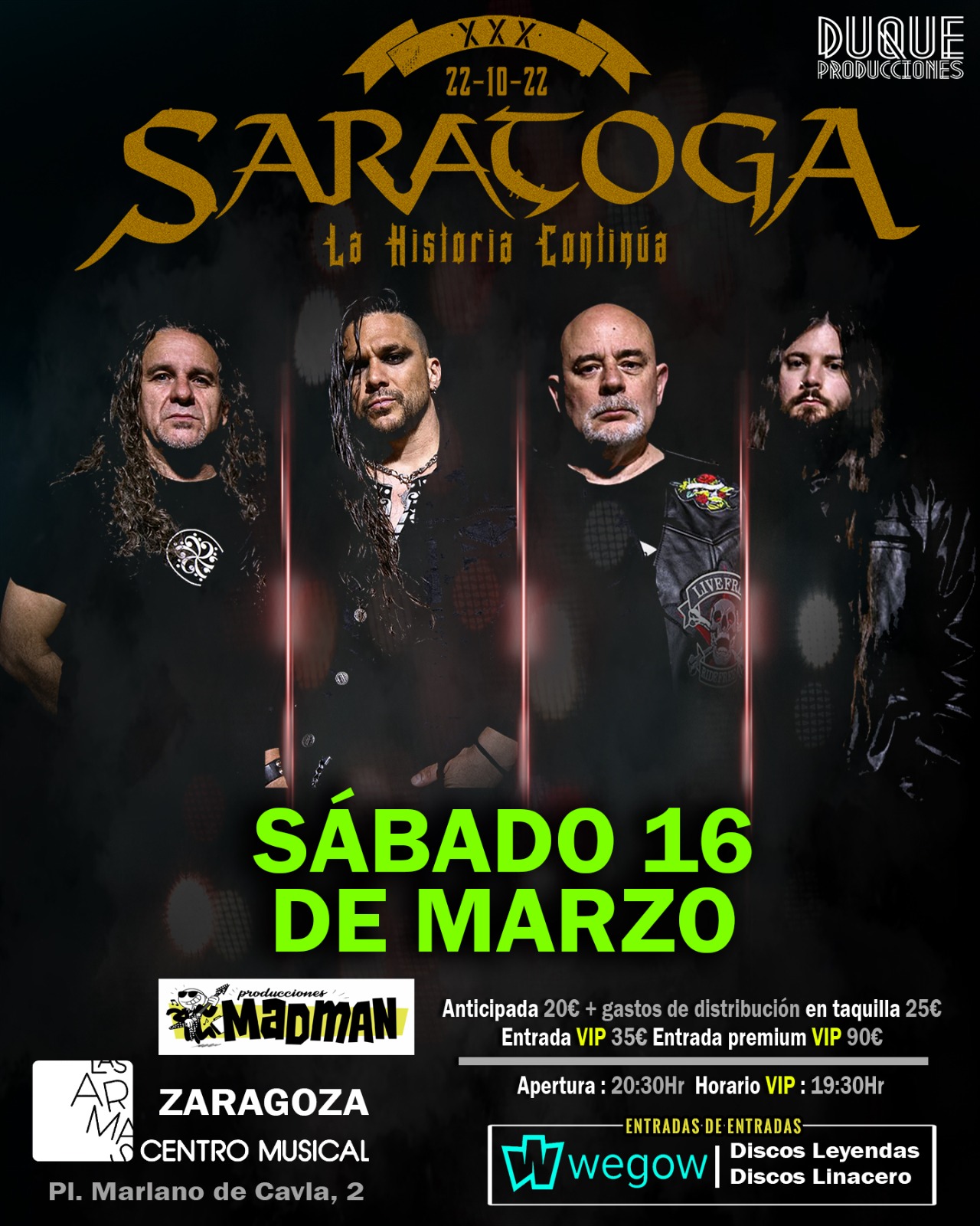 Fotografía promocional de Saratoga en Zaragoza - XXX Aniversario "La Historia Continúa"