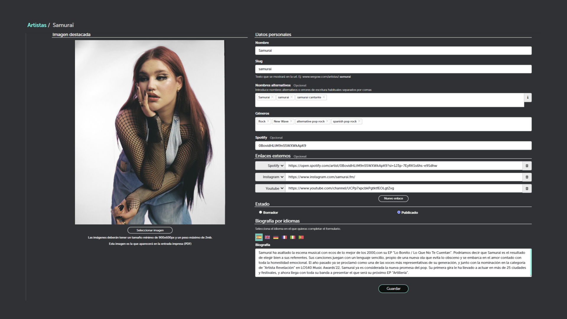 perfil artista backoffice wegow